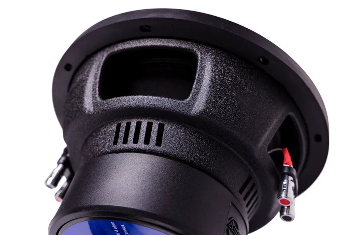 American Bass XO 10 in car subwoofer side view with red wire caps and cooling vents