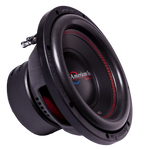 Black 12-inch car subwoofer with red stitched surround and American Bass side badge
