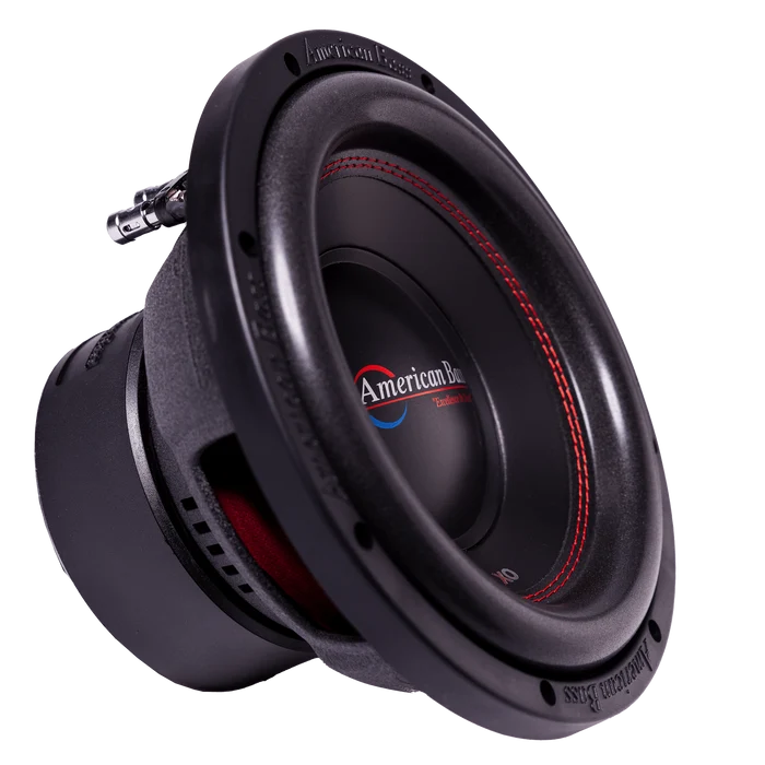 American Bass XO 10 in car subwoofer three-quarter view, black cone with red surround