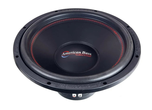 Car subwoofer driver with black cone, red edge stitching, and American Bass label