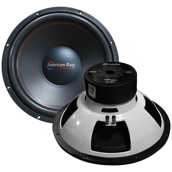 Car subwoofer with black cone and white basket, showing dual input terminals on top