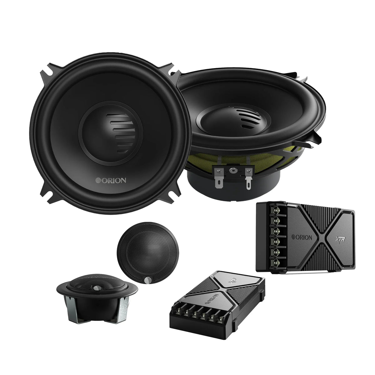 Car audio speaker set with two round drivers, small tweeter, and crossover components