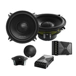 Car audio speaker set with two round drivers, small tweeter, and crossover components
