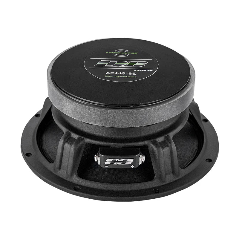 Car woofer speaker driver with black stamped dust cap and mounting basket