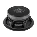 Car woofer speaker driver with black stamped dust cap and mounting basket
