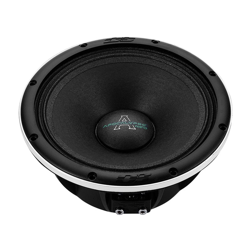 Black car audio woofer with textured cone, rim holes, and center logo