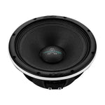 Black car subwoofer speaker with round grille and mounting holes
