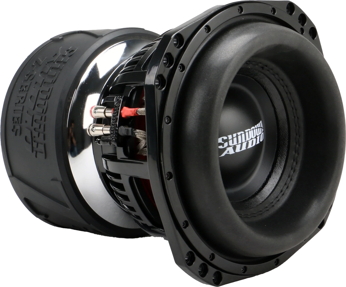 Black dual 8-inch subwoofer driver set with chrome trim and front grille