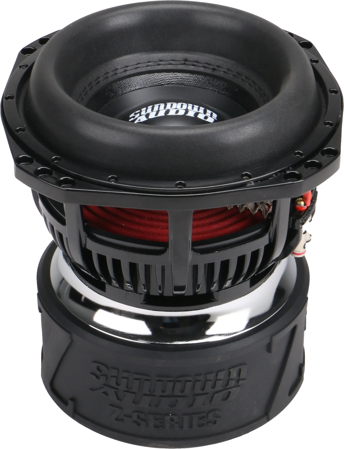8-inch subwoofer driver with black cone and red surround, angled front view