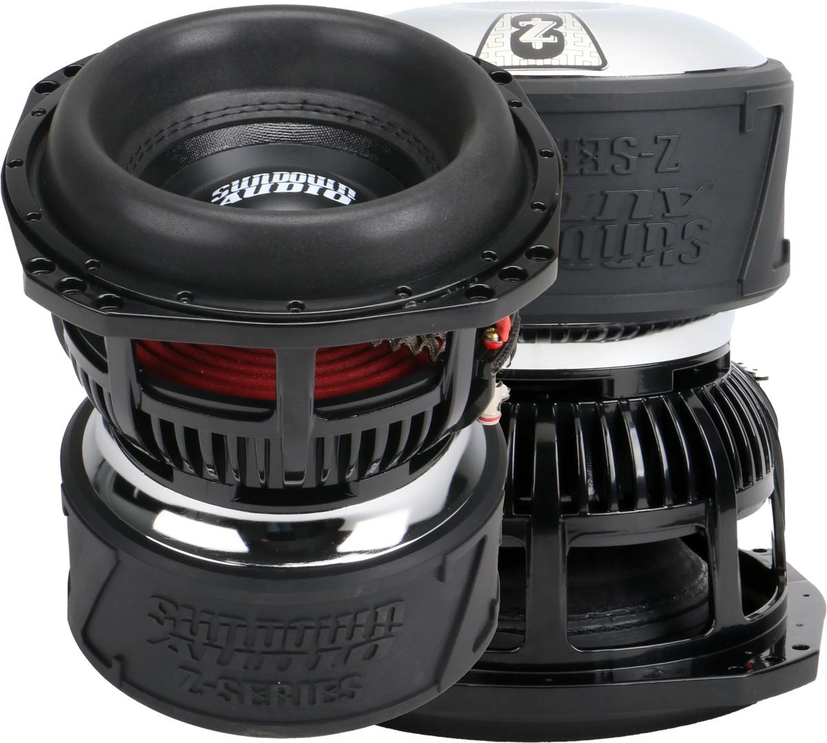 Dual 8-inch subwoofer drivers with black cones and red surrounds, close-up