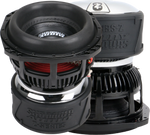 Dual 8-inch subwoofer drivers with black cones and red surrounds, close-up