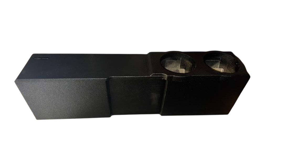 Subwoofer enclosure with textured black finish and two speaker mounting openings