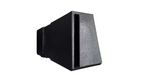 Textured black subwoofer box with angled side panel and vertical center brace
