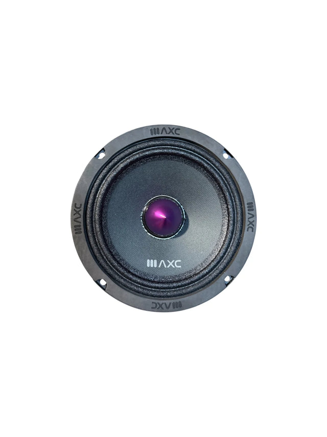 6.5-inch midrange speaker with purple bullet driver, black circular frame