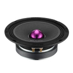 6.5-inch slim midrange speaker with black basket and purple dust cap, two gold terminals
